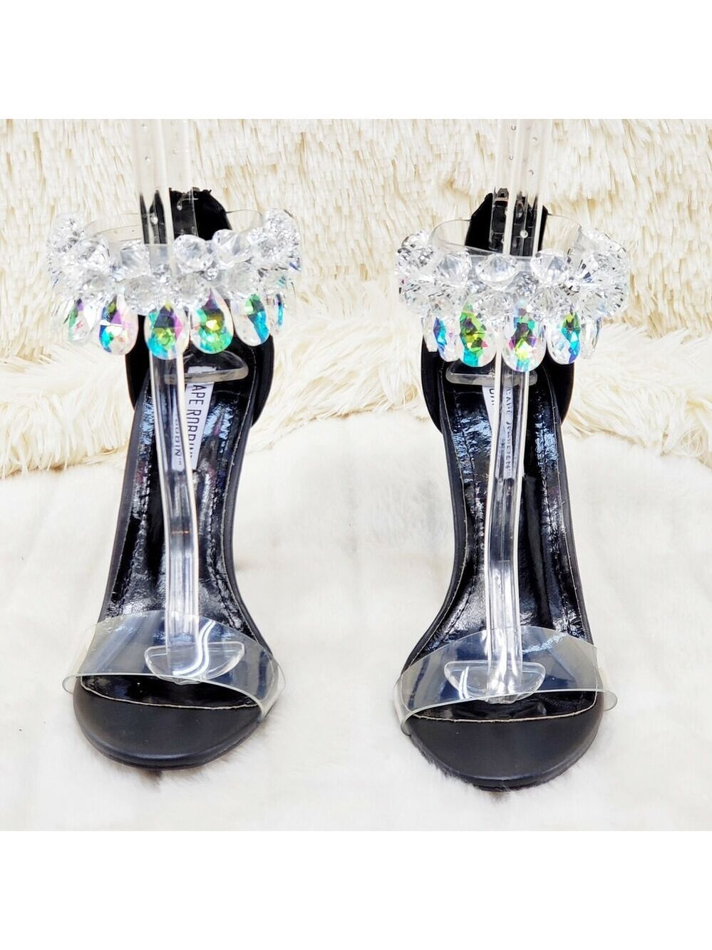 NIB Cape Suzy 54 Black Matte & Gemstone Ankle Strap 4.5" High Heel Sandal Shoe